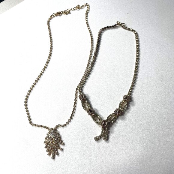 Vintage Rhinestone Statement Necklaces Set Of 2 With Gold-Tone Chains & Intricat - Picture 4 of 14